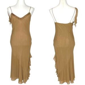 VTG Newport News Brown Silk Ruffle Beaded Gown Bias Cut Whimsigoth Fairy Y2K 8